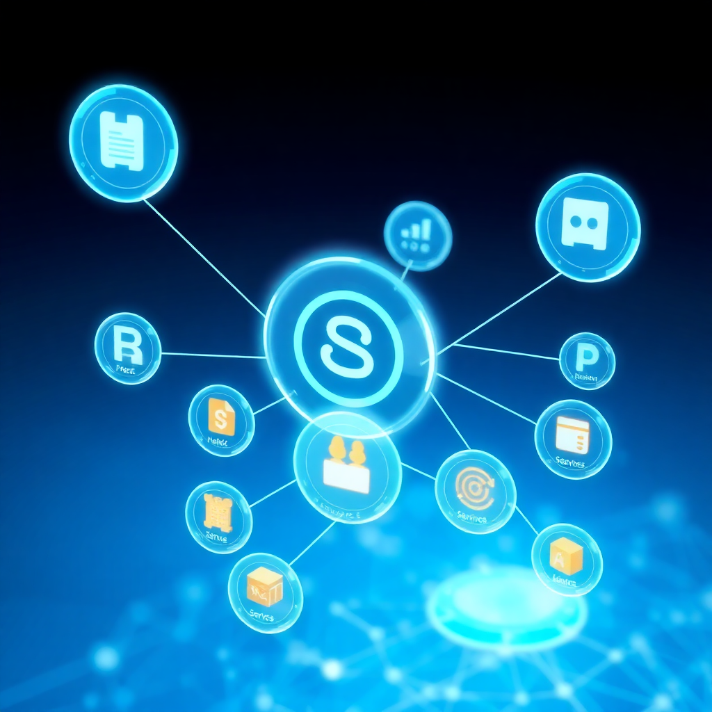 3D futuristic digital services diagram with blue glowing connections and service icons