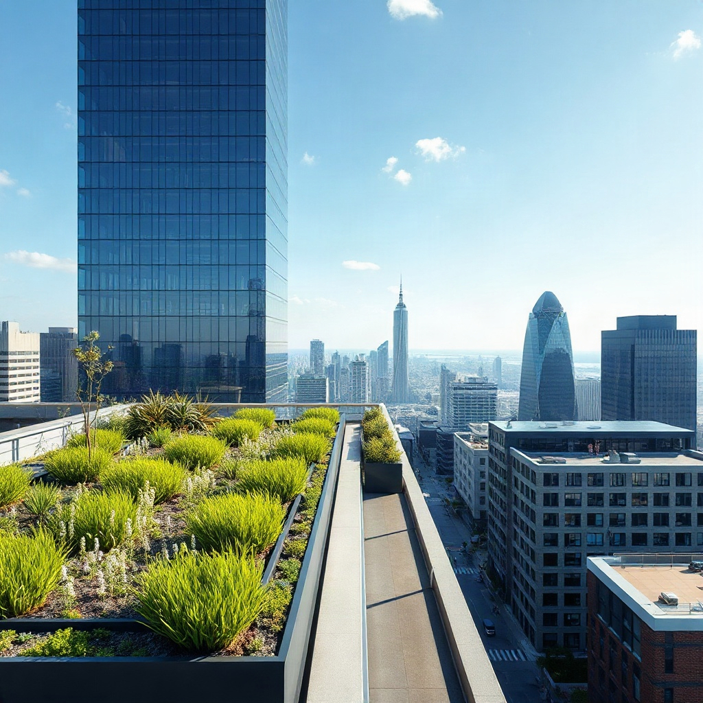 minimalist green rooftop garden in a modern city, sustainable architecture concept