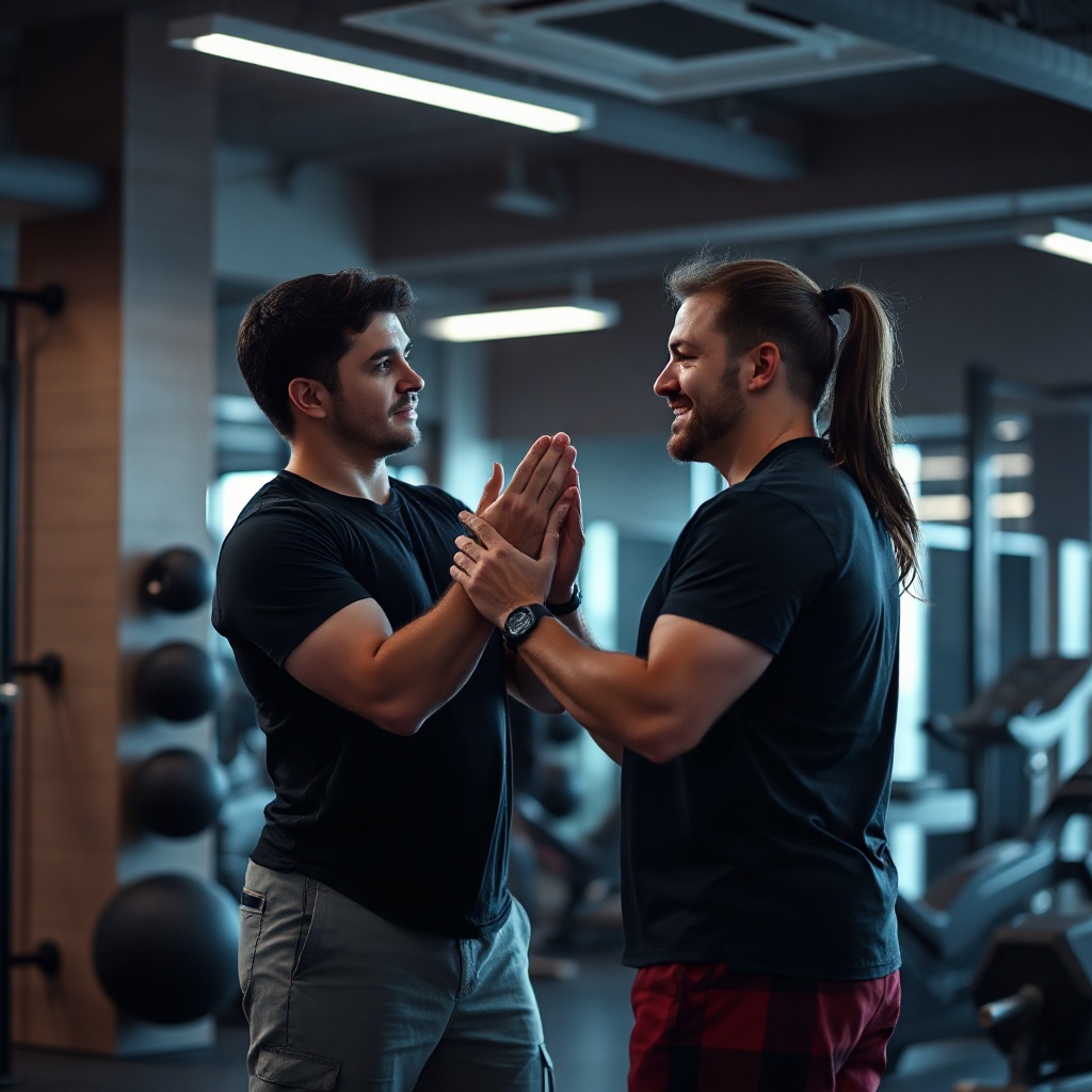 personal training session, trainer coaching client on proper form, one on one training, modern gym, 
