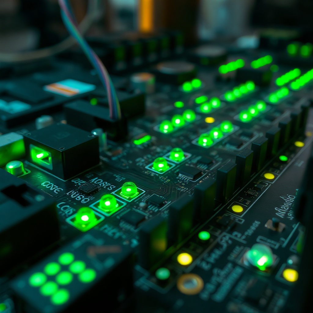 close-up of a high-end circuit board prototype with green indicator lights glowing in a dark lab env