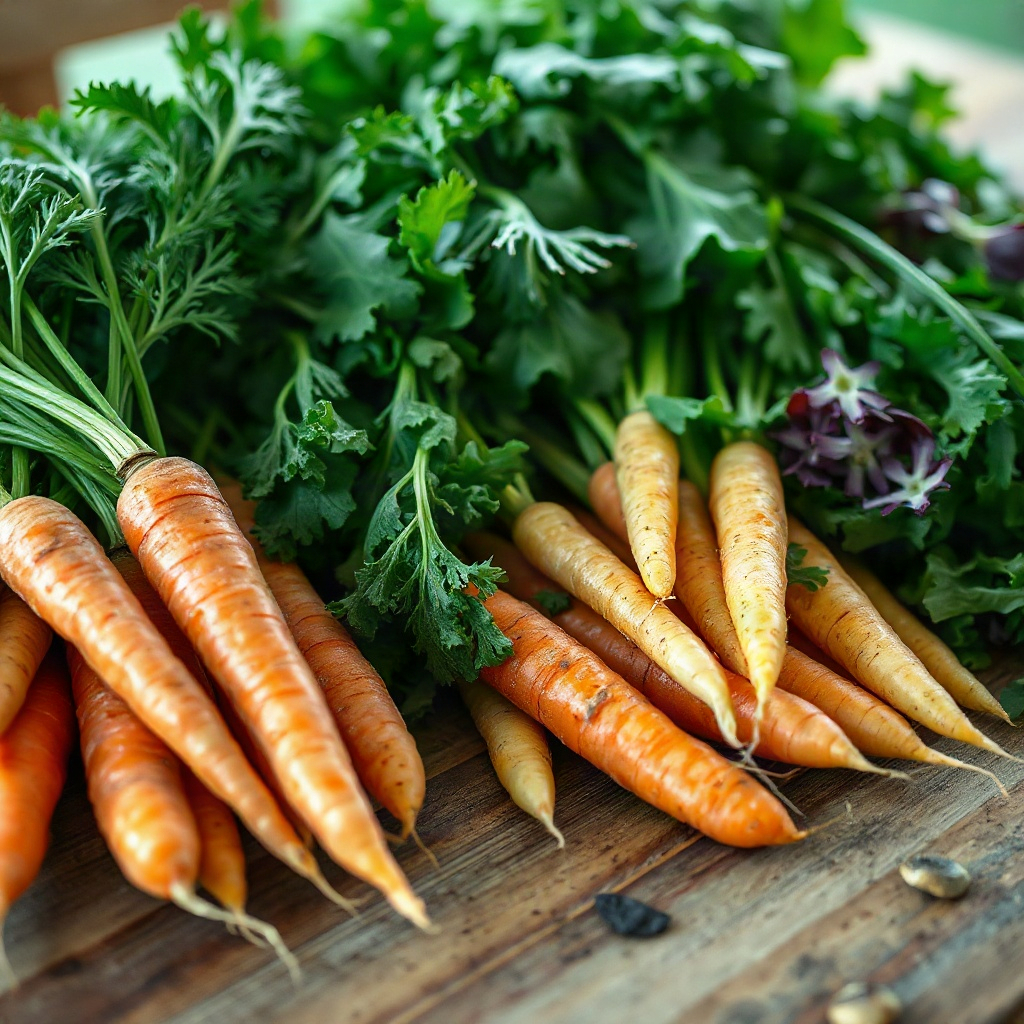 close up of fresh heritage carrots and artisanal greens on a wooden prep table in a bright rustic fa