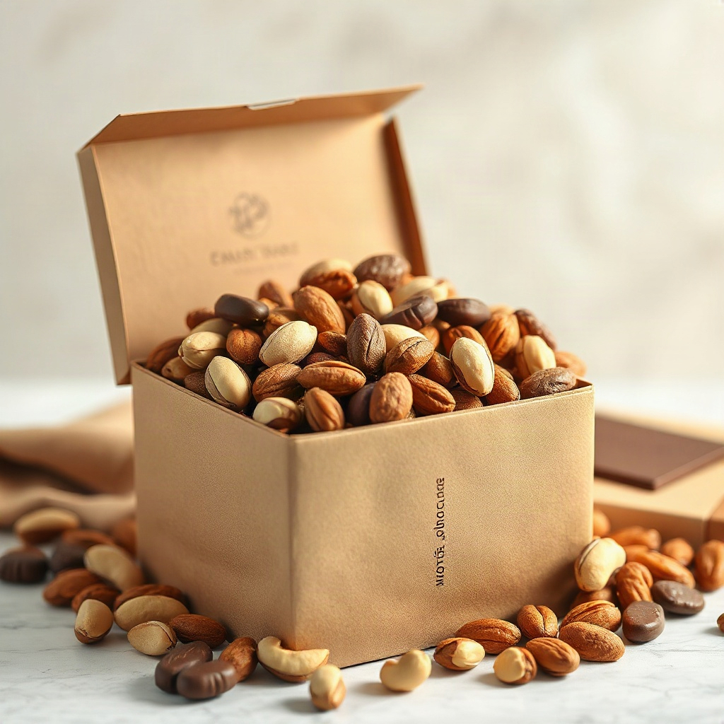 Gift box filled with roasted mixed nuts, pistachios, cashews and chocolate pieces