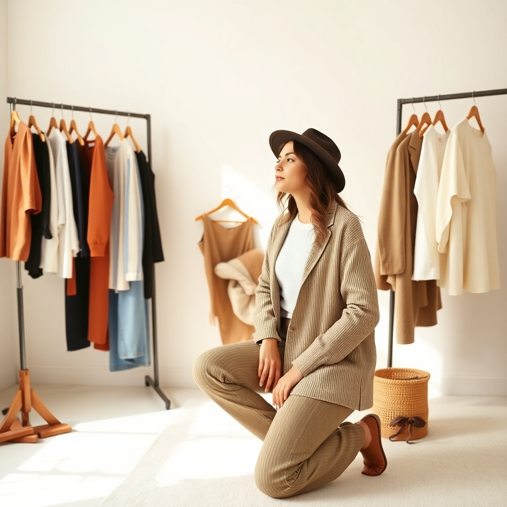 woman styling capsule wardrobe pieces in bright airy room, minimalist fashion editorial photography