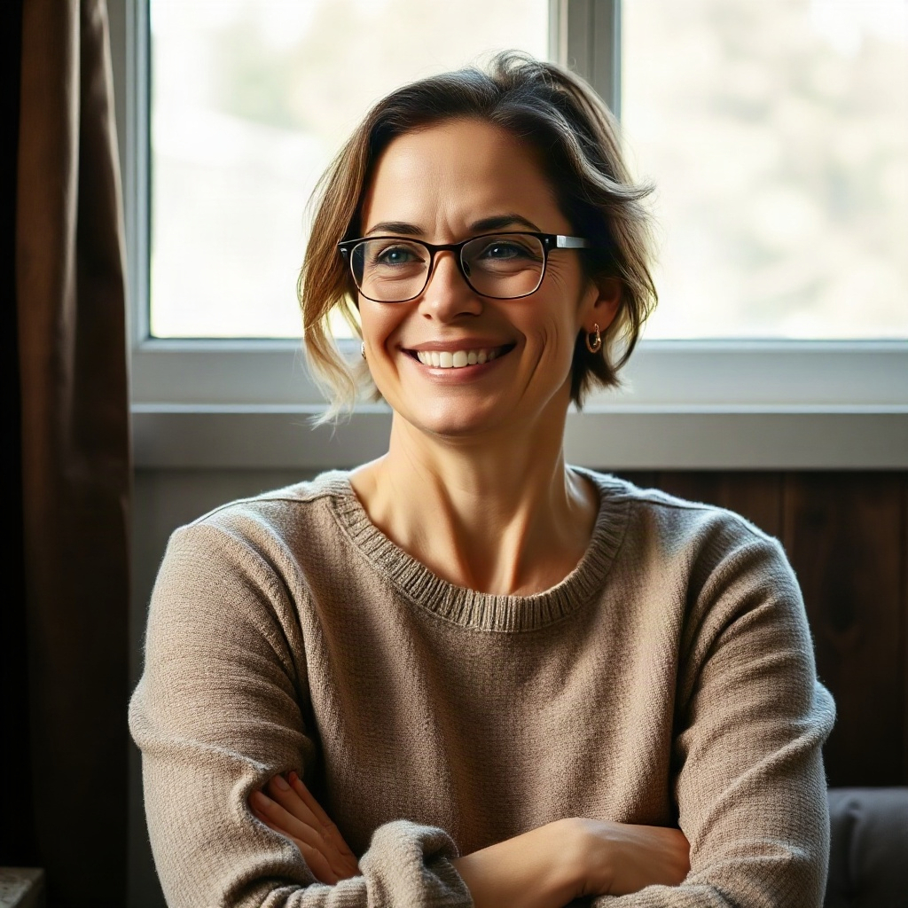 calm serene woman in her forties smiling softly with glowing healthy skin, natural window light, war