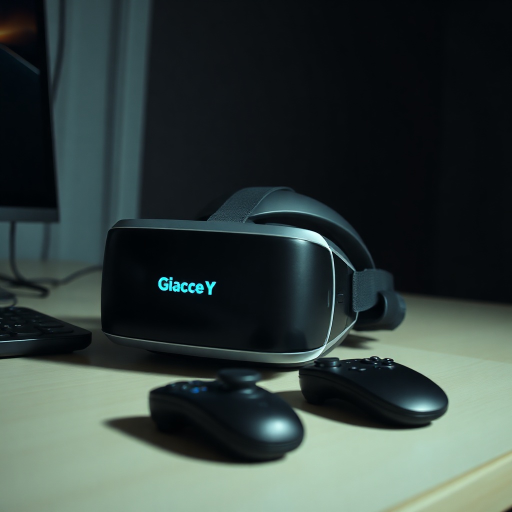 VR headset on a desk with controller, dark moody studio shot