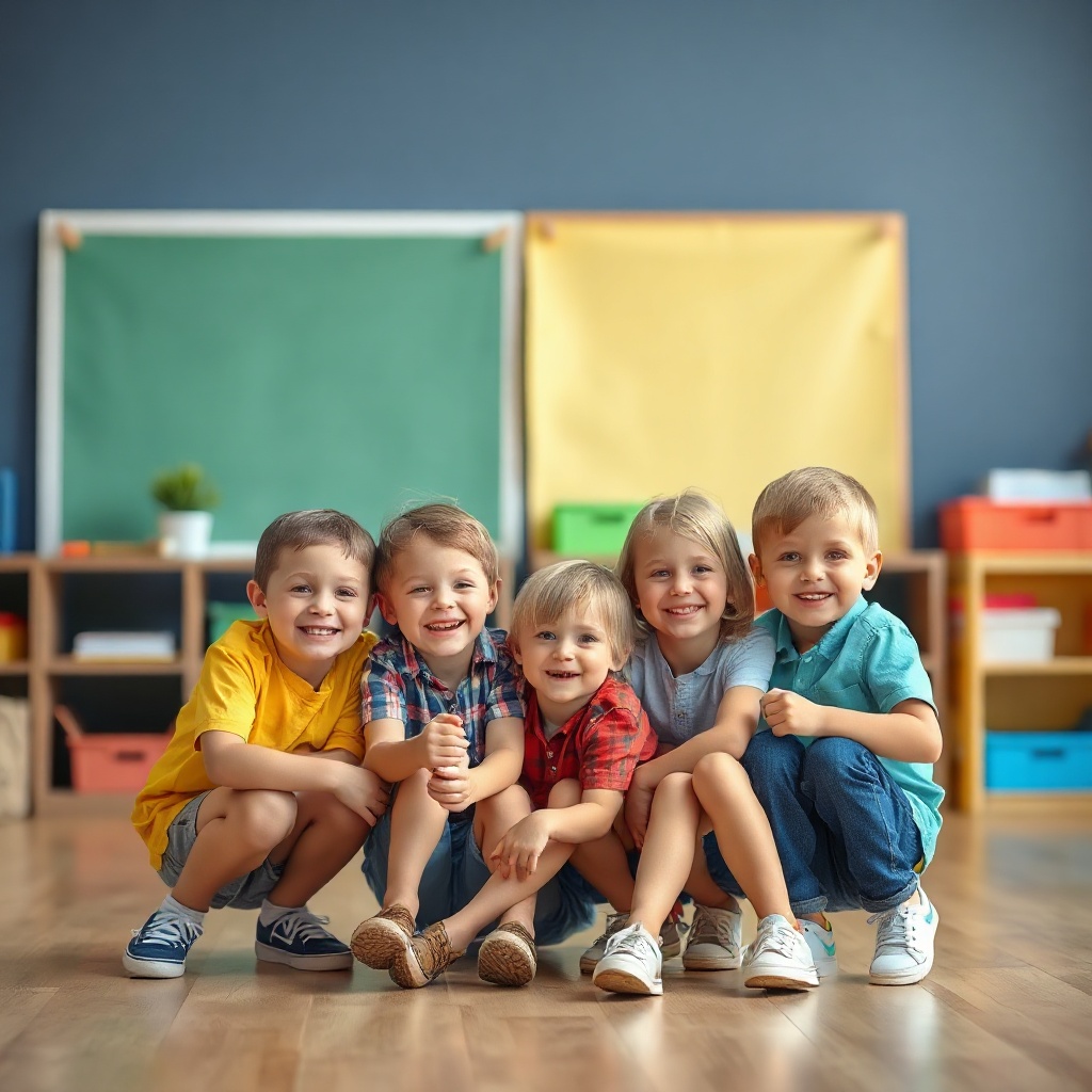 happy children group playing together, educational background, vibrant colors, primary school settin