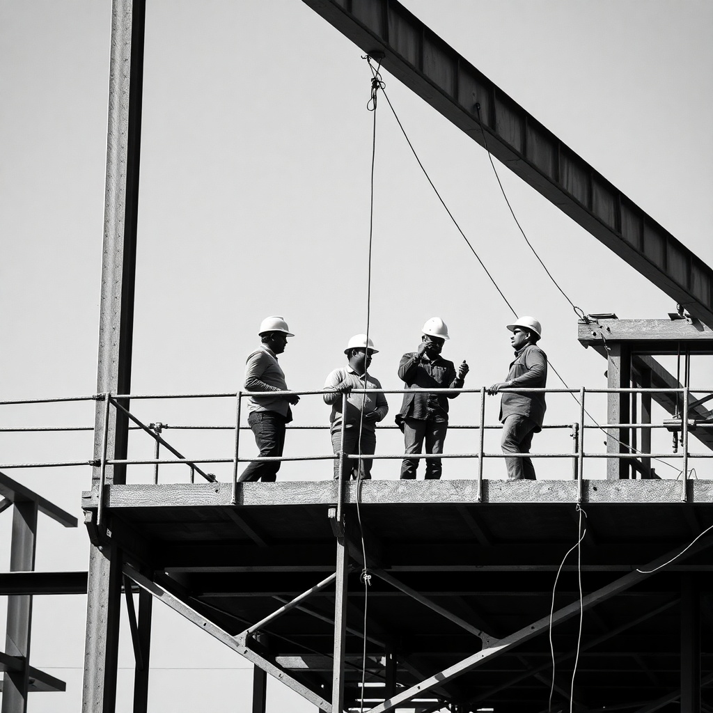 construction workers team on scaffolding steel structure industrial site, hard hats, action shot hig
