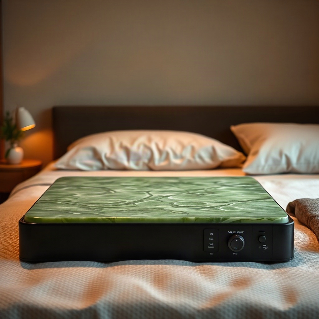 elegant heated jade stone mattress product photography laid on bed, warm amber ambient lighting