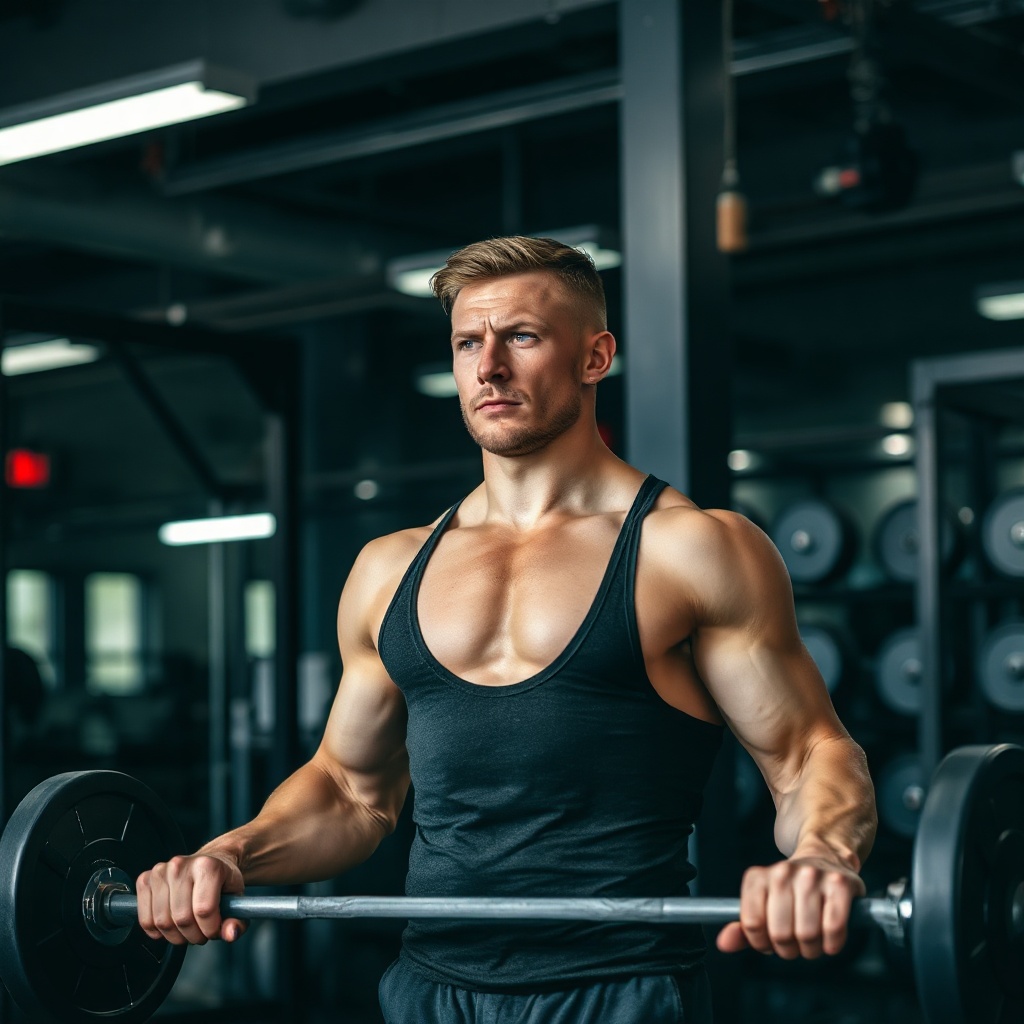 man lifting weights in a gym, muscular endurance, focused expression