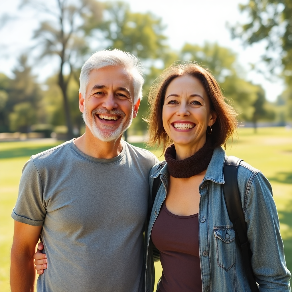happy healthy middle-aged couple smiling outdoors in sunny park, full of vitality and energy, wellne