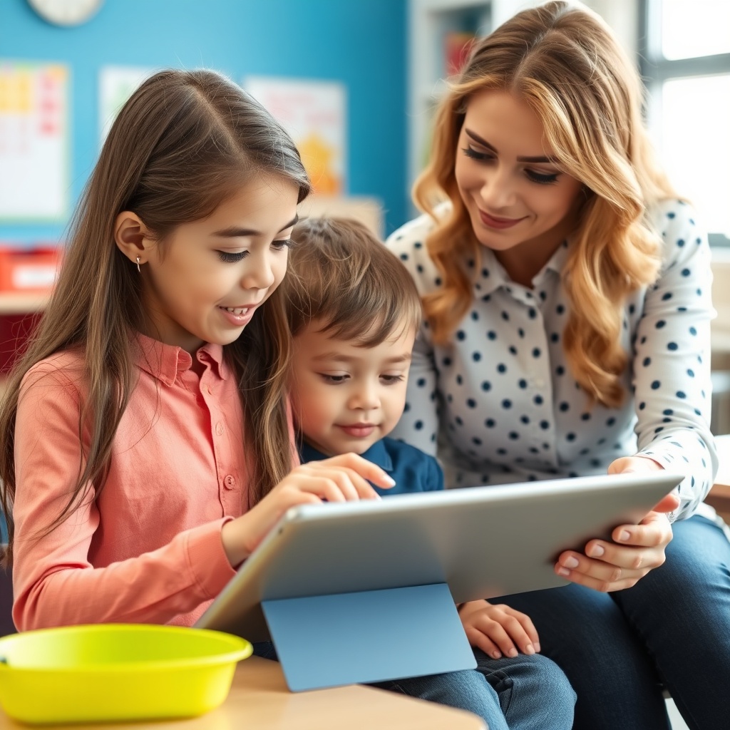 female teacher assisting a young student with a tablet in an elementary classroom