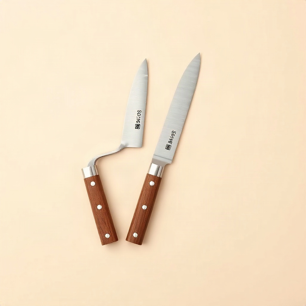 Set of four Japanese-style chef knives with walnut handles fanned out on a clean light beige studio 