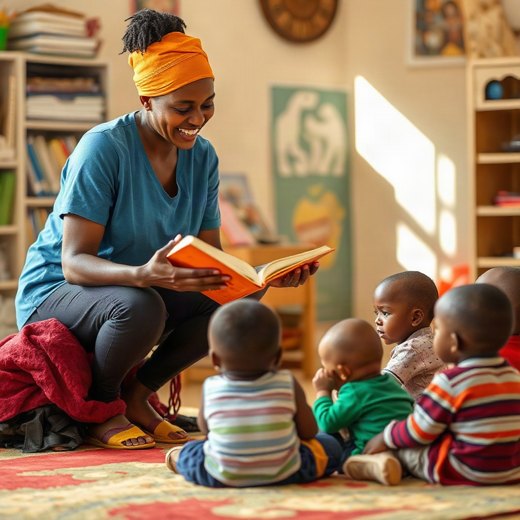 South African creche teacher reading to children, educational and warm atmosphere
