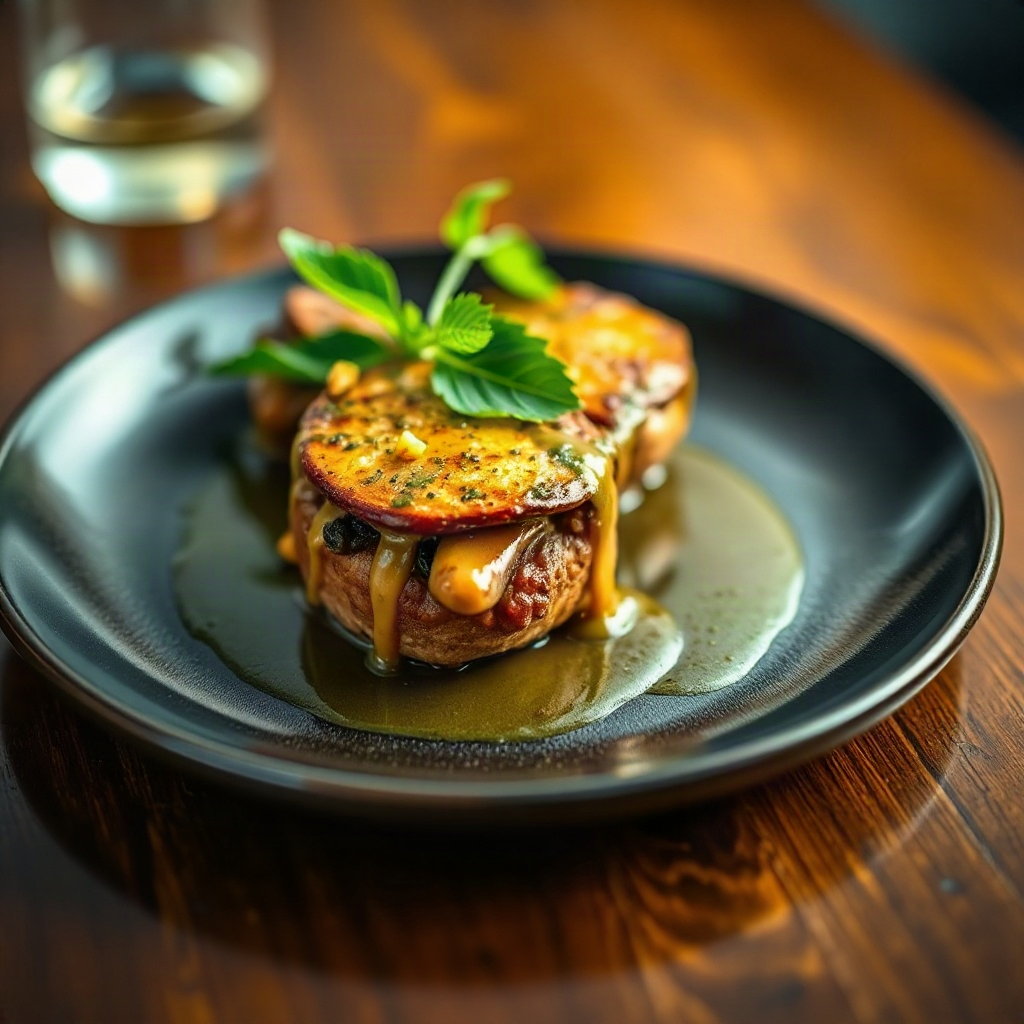 plated vegan mushroom wellington with herb jus on a dark ceramic plate, fine dining food photography