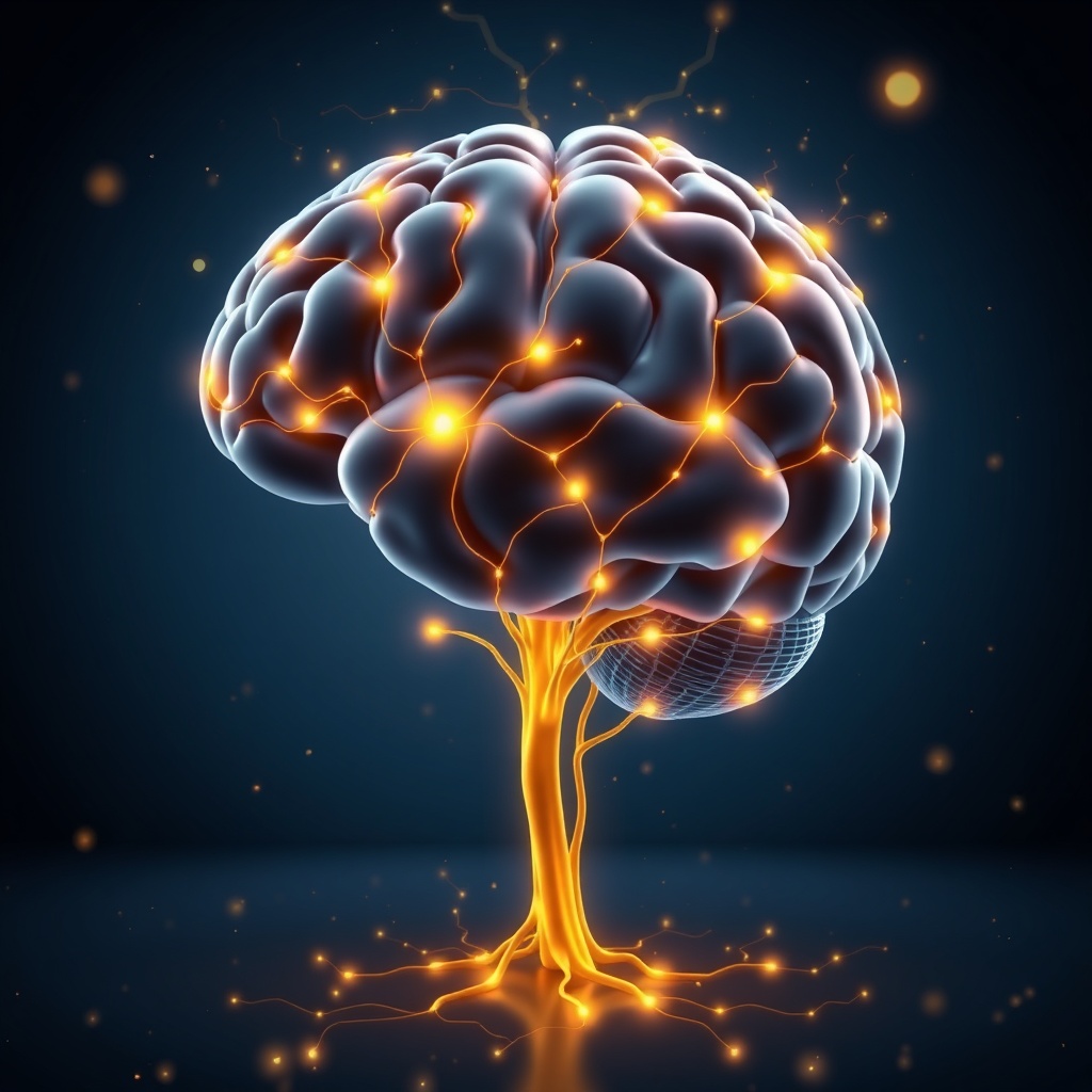 3D illustration of a human brain with glowing neural connections, golden energy pathways, scientific