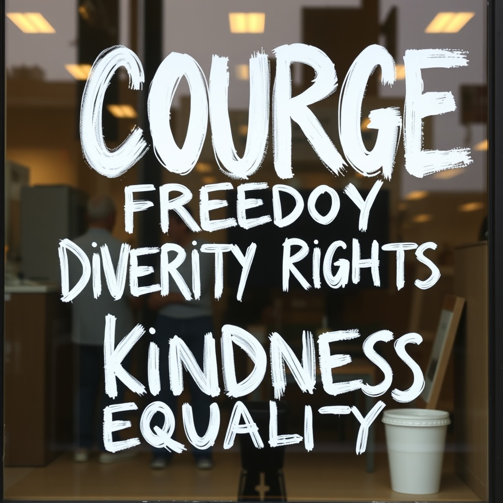 coffee shop window storefront with large bold text courage freedom diversity rights kindness equalit