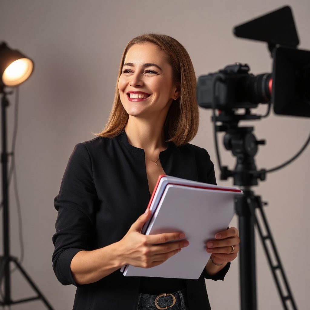 professional female mentor holding notebooks, smiling, looking at camera, studio lighting
