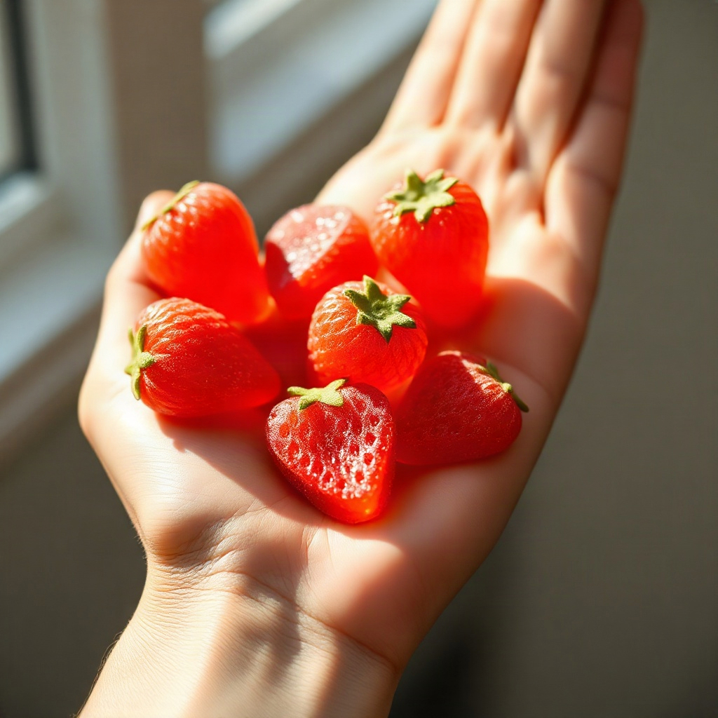close up of delicious strawberry shaped gummies in a hand, soft morning light, aesthetic beauty well