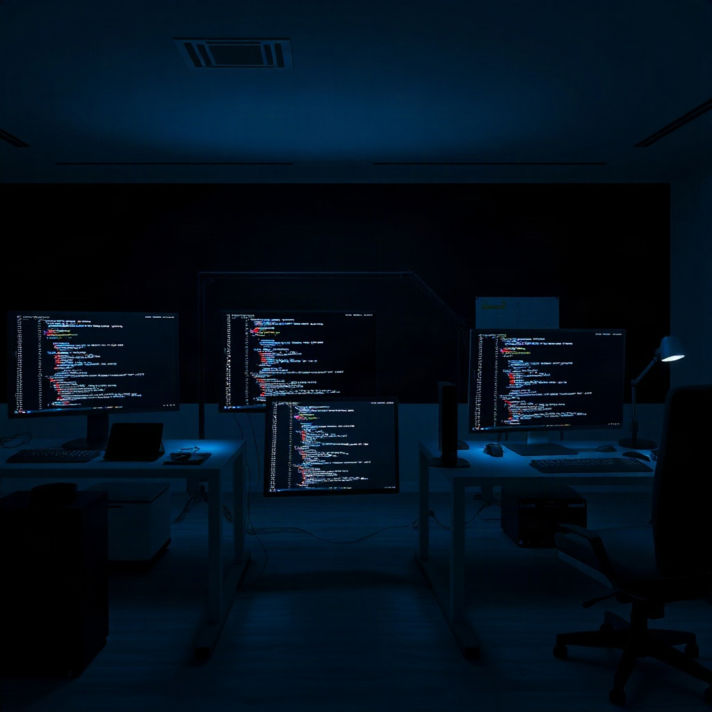 modern minimalist dark workspace with multiple monitors showing code, neon blue accents, cinematic l