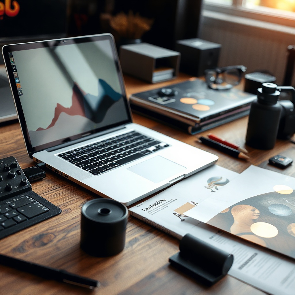 close up of a designer workstation with a high-end laptop and creative tools, aesthetic workspace