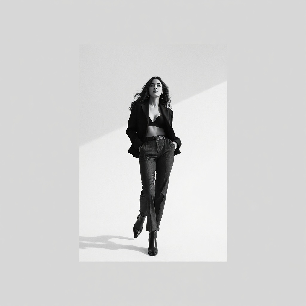black and white fashion instagram post, woman in minimalist outfit, editorial monochrome photography