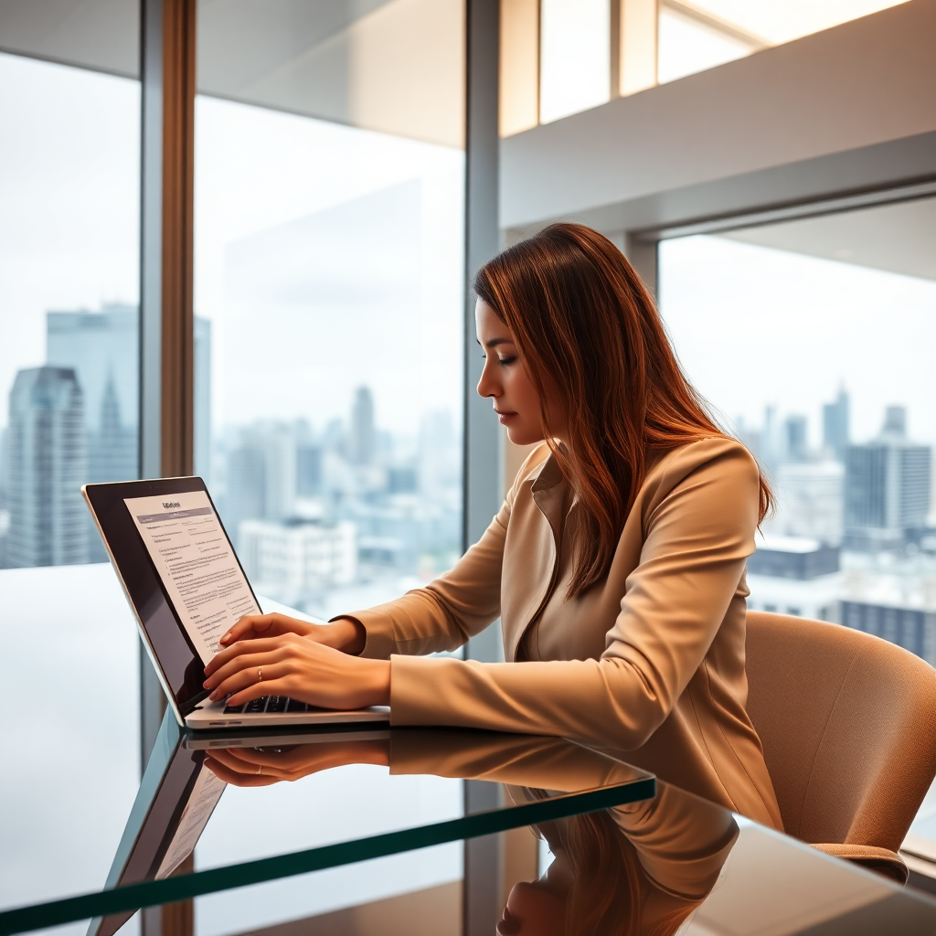 Professional reviewing tax documents on a laptop