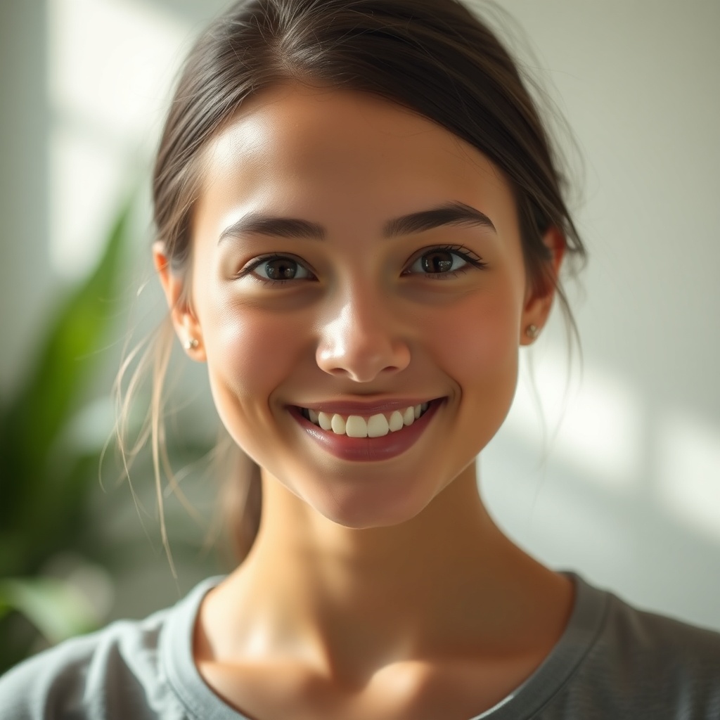 portrait of a young woman, soft natural light, friendly expression