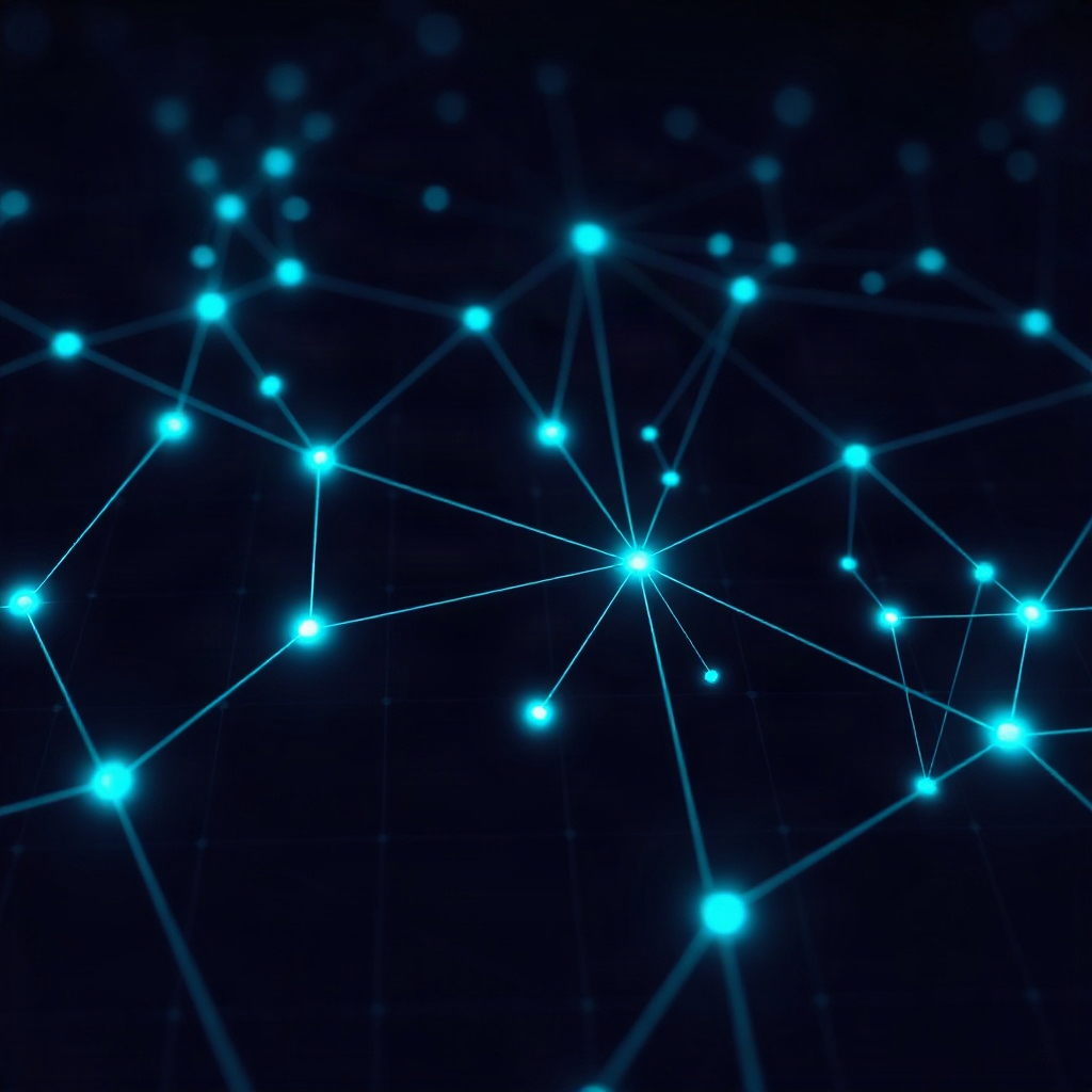 abstract dark cybersecurity threat map visualization, glowing cyan connected nodes and data arcs ove