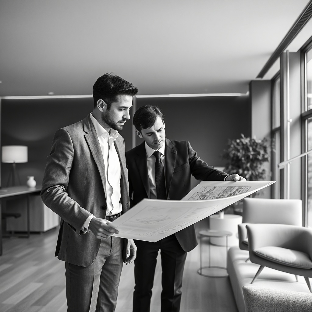 elegant architect and client reviewing architectural plans luxury office minimalist interior, black 