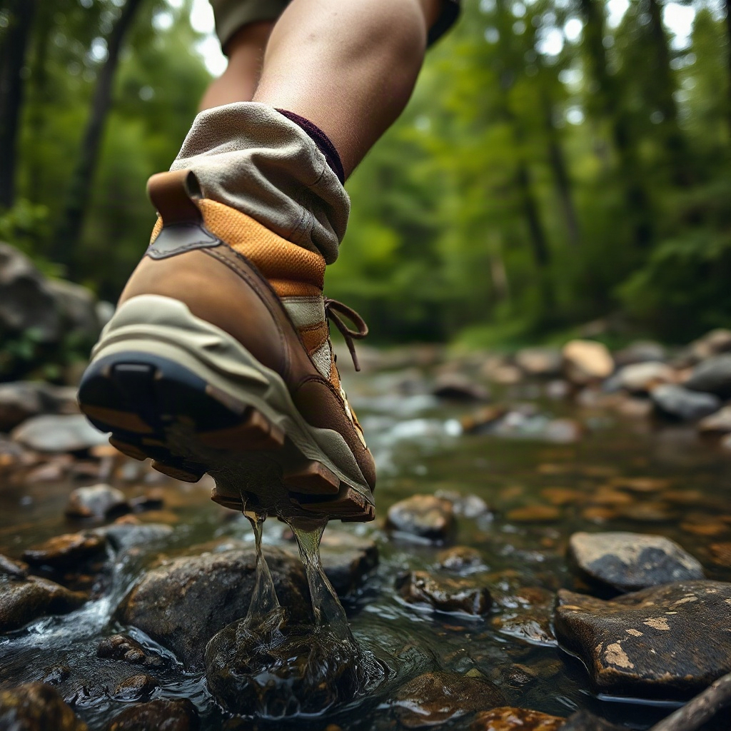 close up of a hiker's boot stepping on a rocky stream in a green forest, outdoor adventure