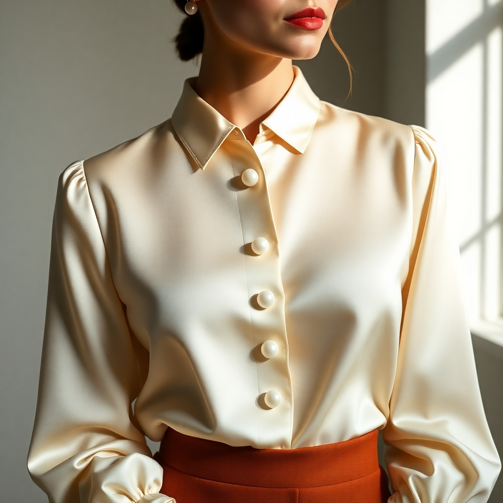 woman wearing elegant ivory silk blouse with pearl buttons soft natural light fashion product shot