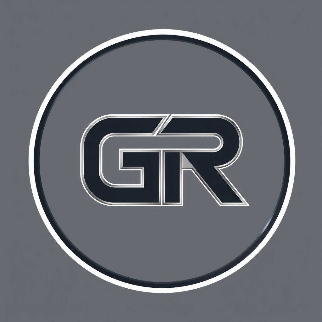 large stylized GR logo, metallic outline, minimalist