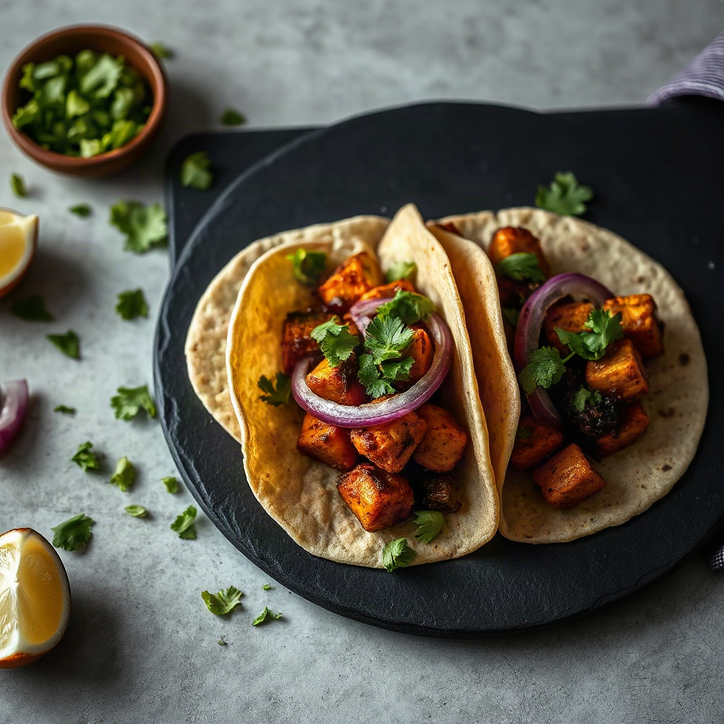 spicy jackfruit tacos with pickled onion and cilantro on a dark slate plate, moody food photography