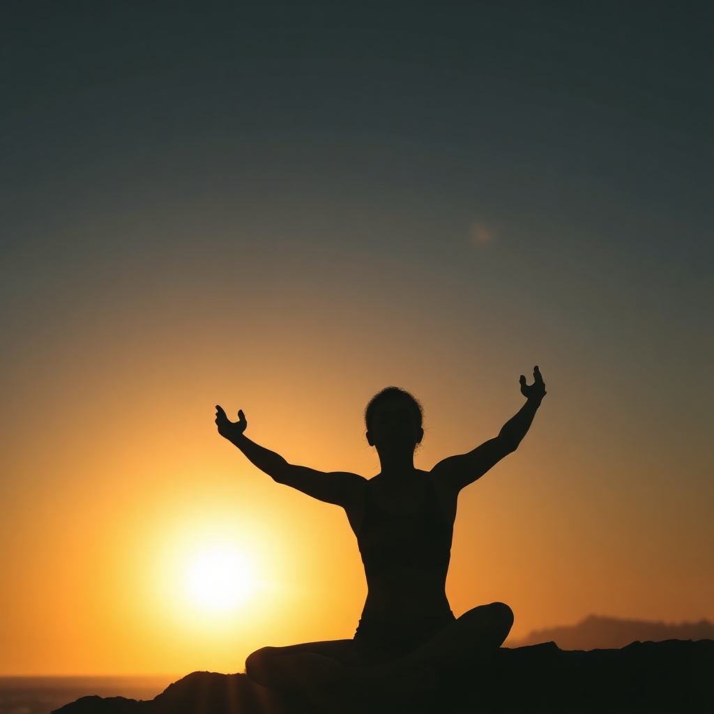 meditation pose silhouette at sunset beach, peaceful calm mood, warm editorial photography