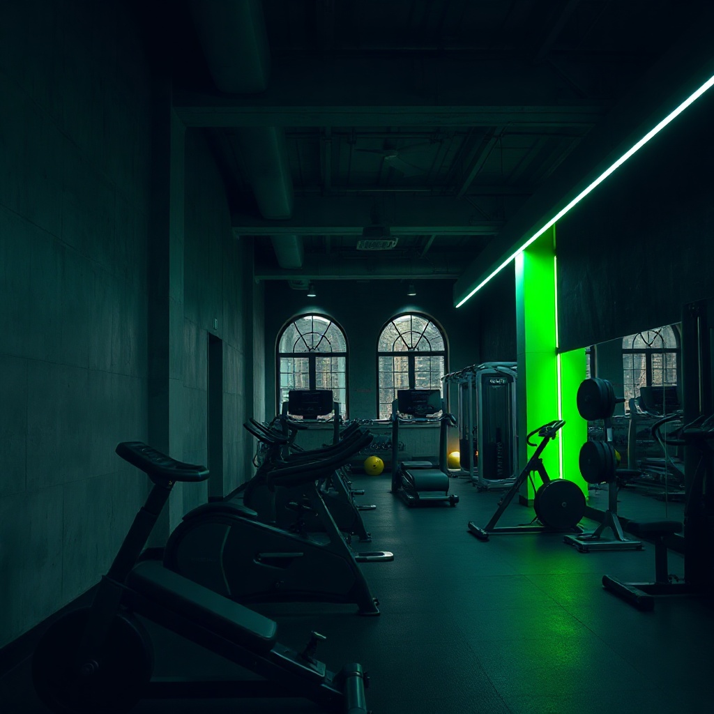 premium gym interior, dark moody lighting, concrete walls, modern equipment, dramatic lime green acc