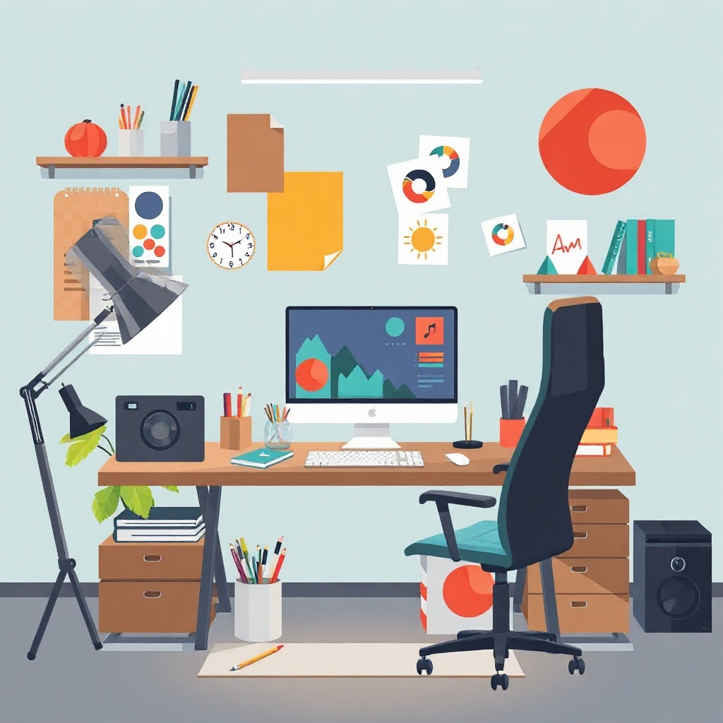 illustration of graphic design workspace, digital art tools, creative process