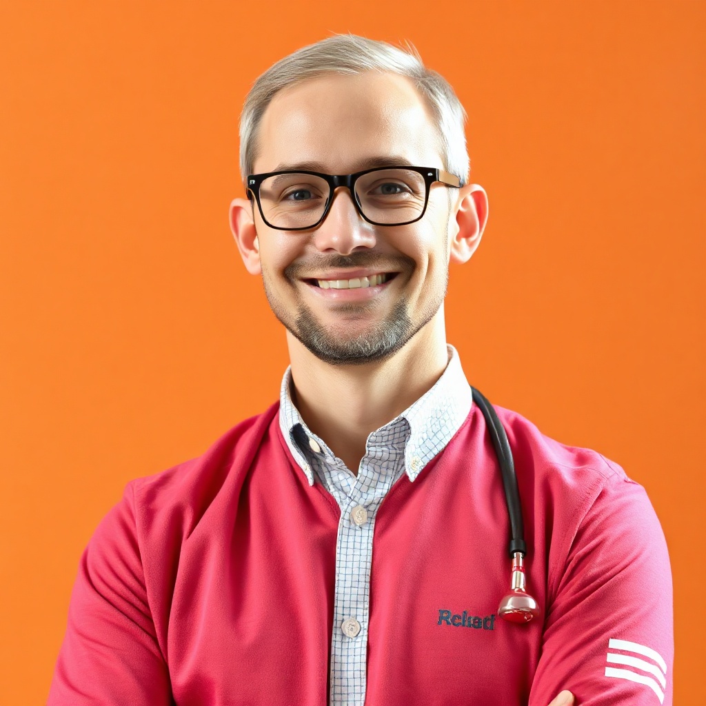 professional male primary school teacher, friendly, wearing glasses, orange artistic background