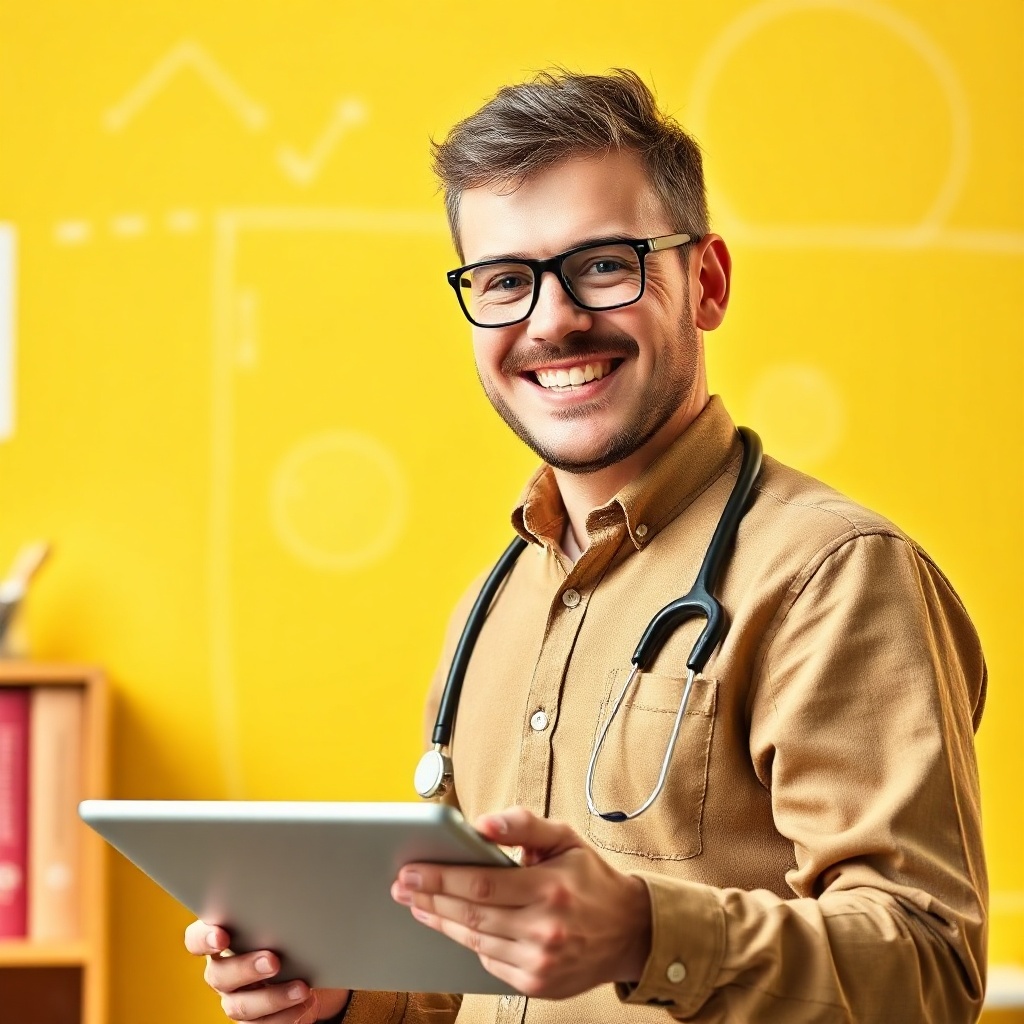 professional male primary school teacher, friendly smile, holding a tablet, yellow artistic backgrou