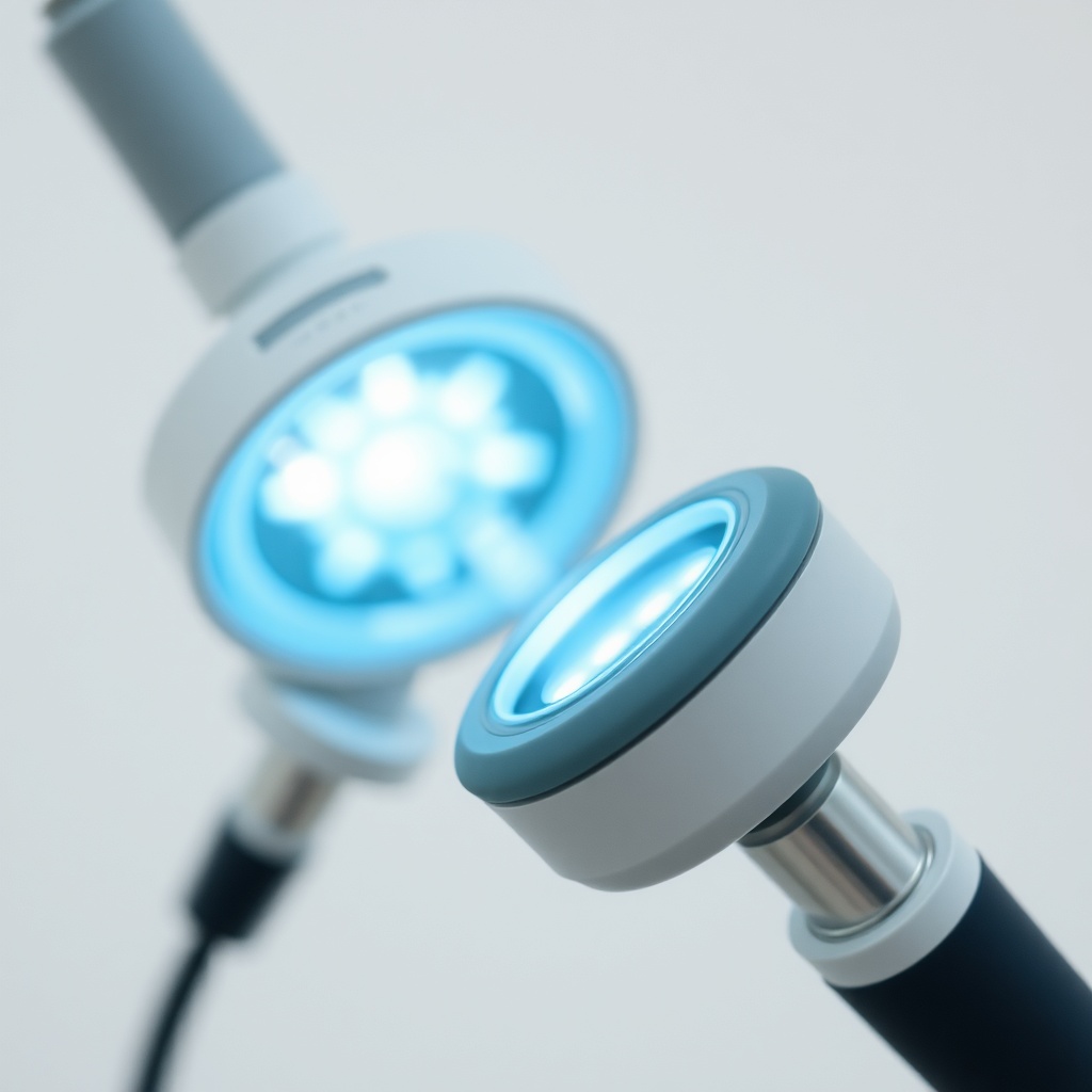 minimalist medical tech gadget close up, soft lighting, neutral background, professional photography