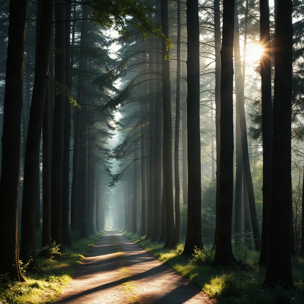 Serene forest path with soft morning light filtering through tall trees, calm and peaceful atmospher