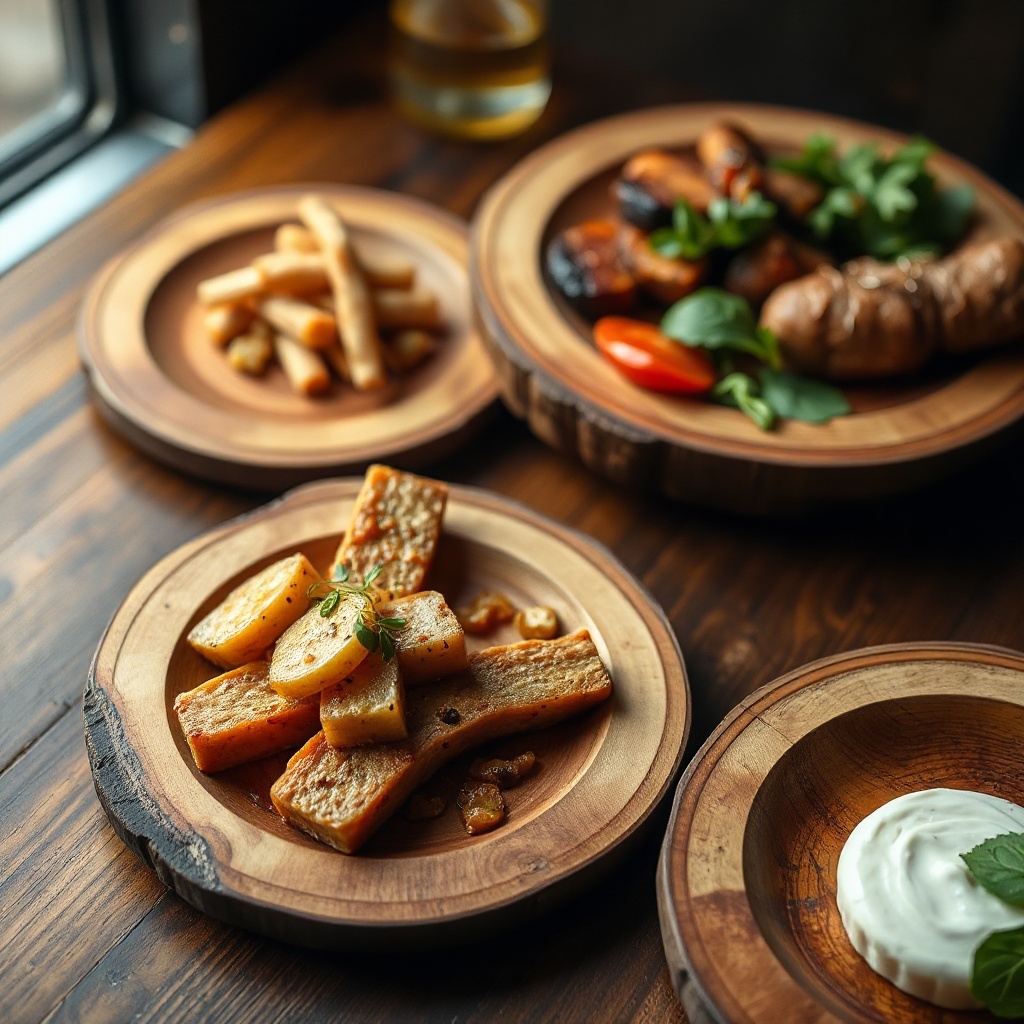close up of artisanal wooden plates with organic food, warm lighting