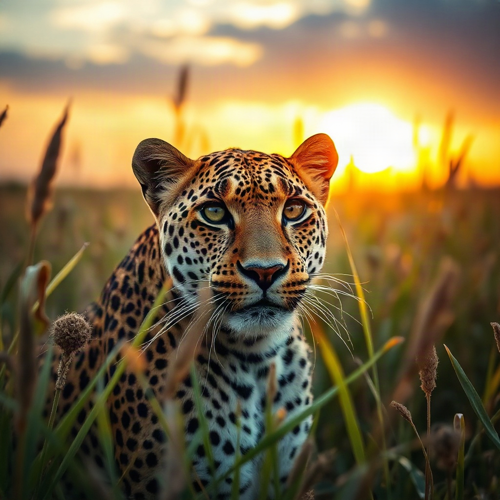 majestic leopard in the tall grass of a savanna, sunset light, close up wildlife photography