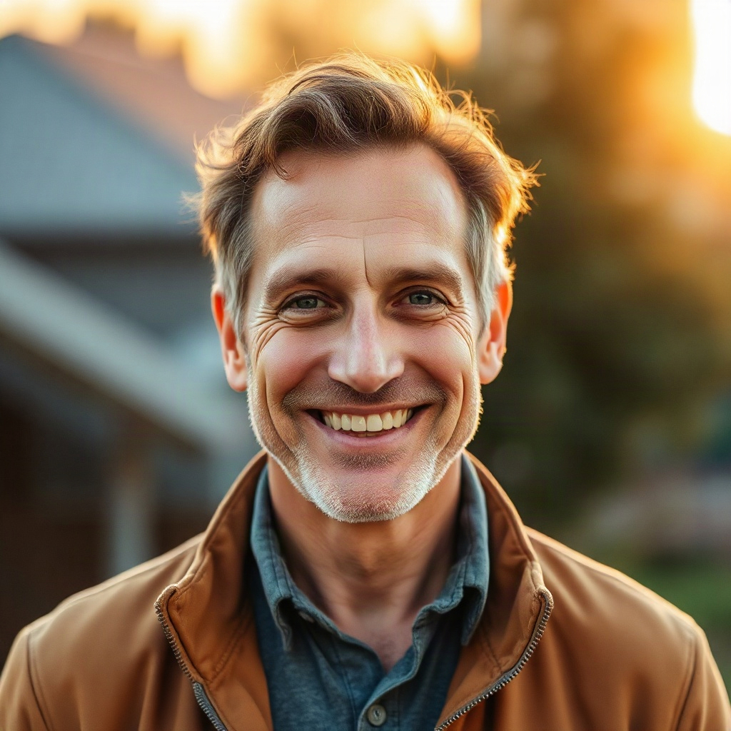 confident middle aged man smiling outdoors in soft morning light, natural editorial photography, war