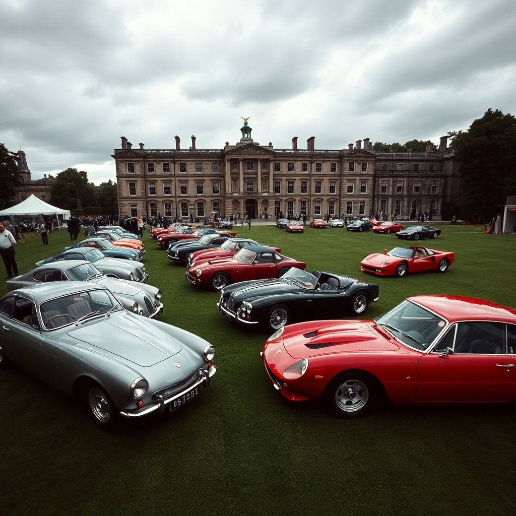 Salon Prive concours d'elegance Blenheim Palace, row of pristine vintage Bentleys and Ferraris on ma