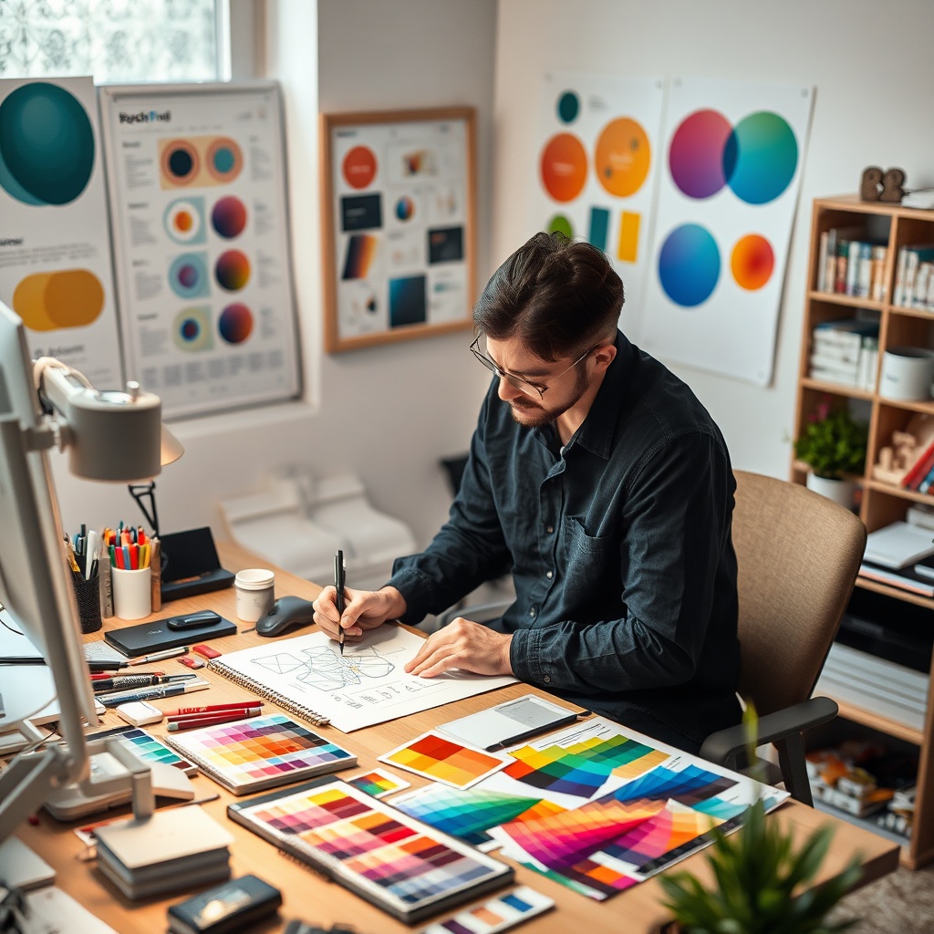 graphic designer sketching brand identity concepts at a desk surrounded by colour swatches, creative