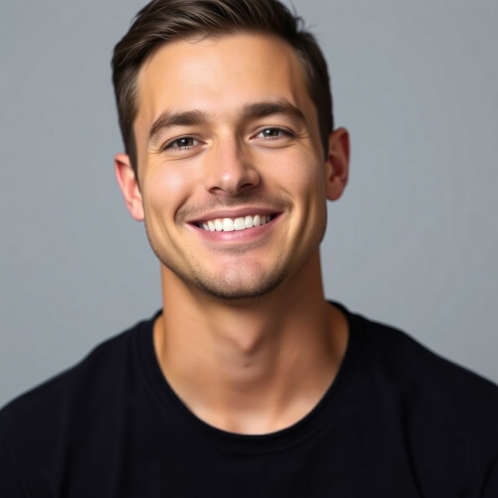 portrait of a young professional man smiling slightly, clean groomed look, studio headshot, neutral 