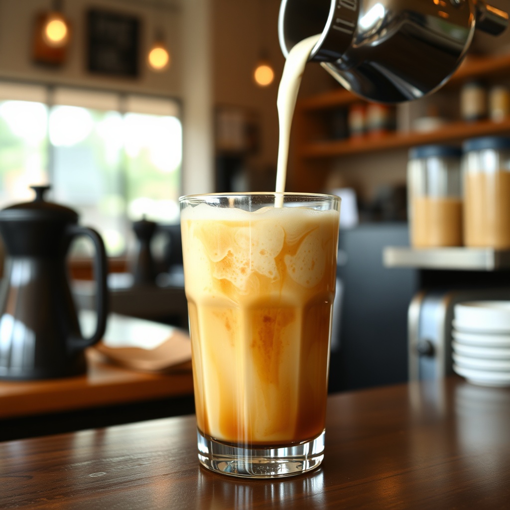 vanilla sweet cream cold brew coffee in a glass with cream slowly pouring in, coffee shop