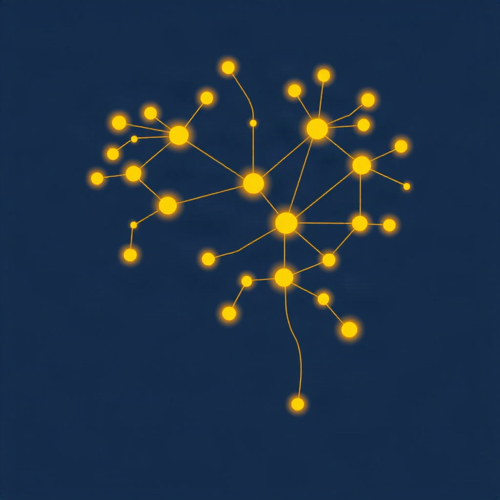 simplified flat icon-style illustration of a human brain made of interconnected glowing nodes and pa