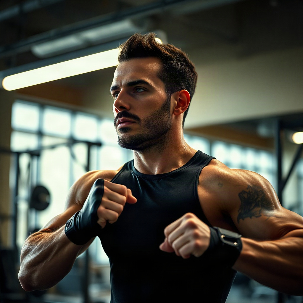 modern athletic man training in high-end gym, focused expression, cinematic lighting, editorial styl
