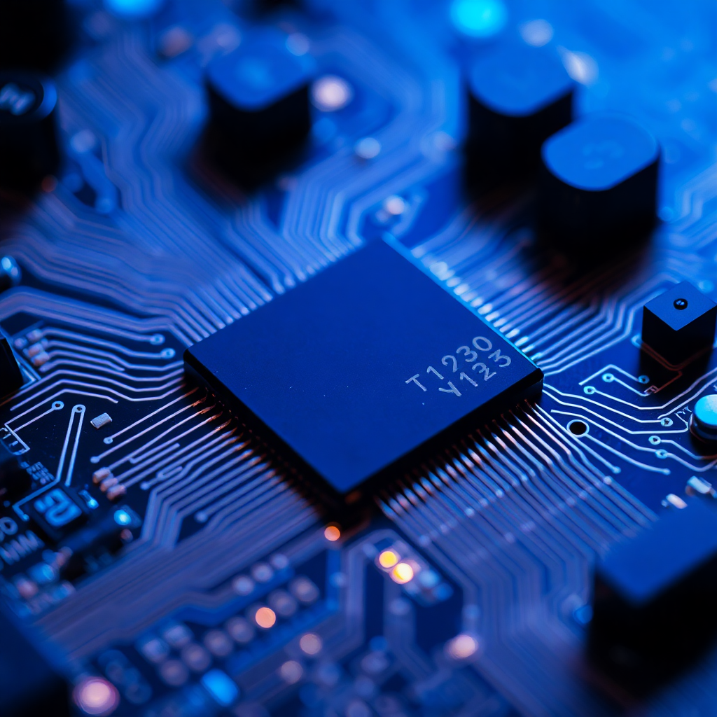 macro shot of microscopic audio chip circuitry, blue accent lighting, technical medical engineering 